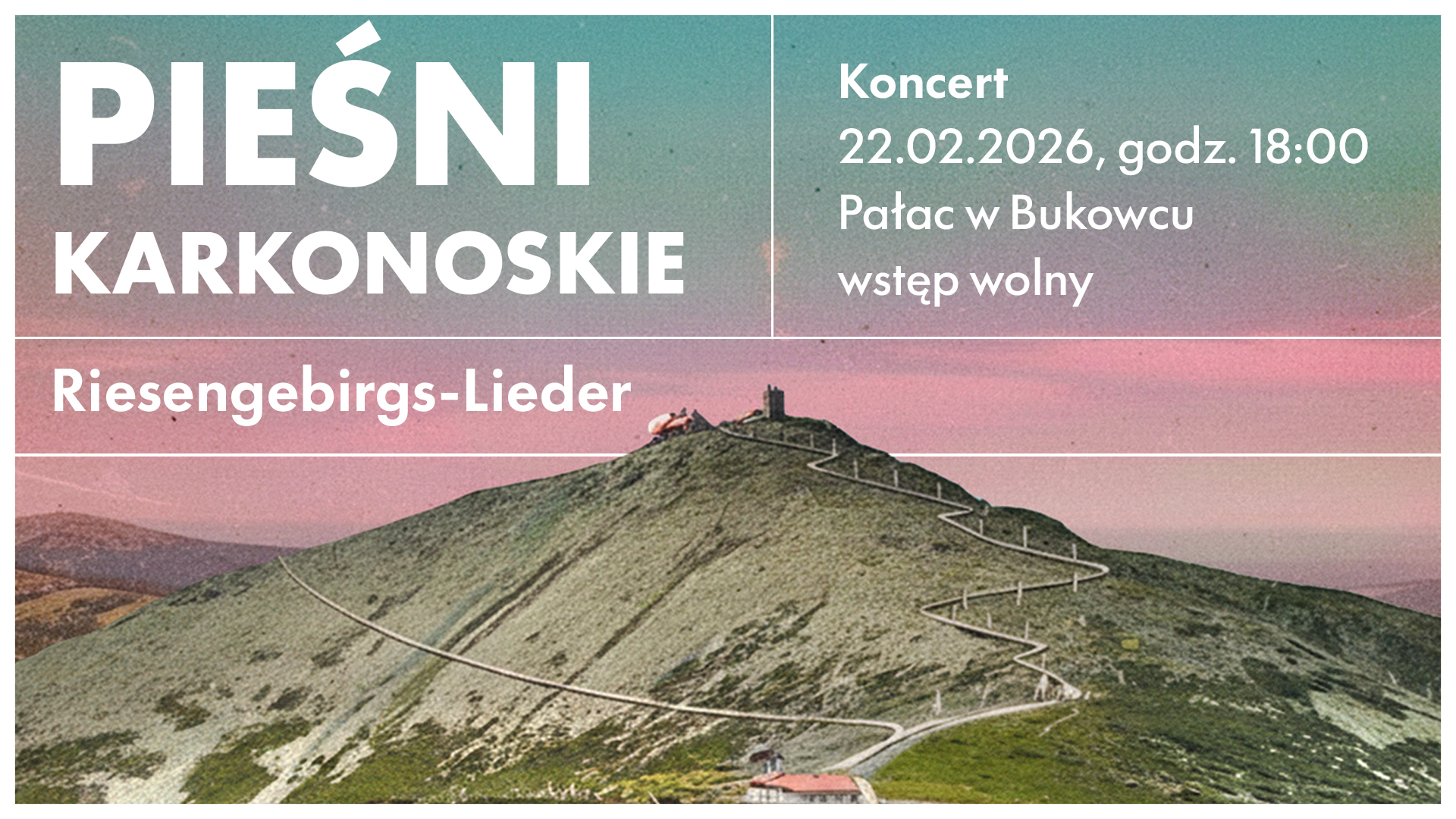 Napis "Pieśni Karkonoskie" nad artystami stylizowanymi na czarno-białe zdjęcie, którzy trzymają swoje instrumenty.